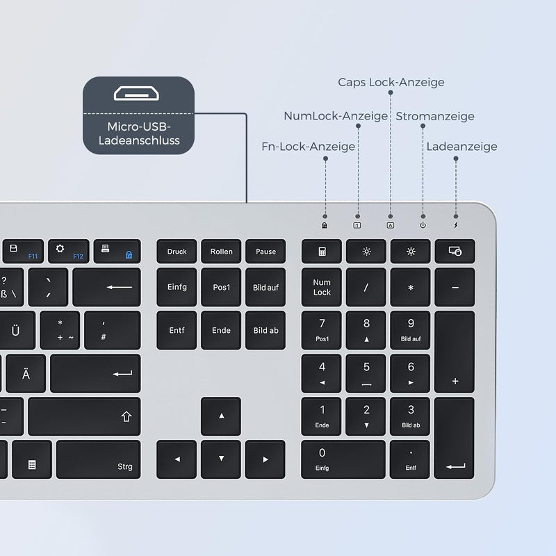 Tastatur Maus Set Kabellos, seenda Ultra-Dünne Wiederaufladbare Funk Tastatur Maus Set, Ergonomische