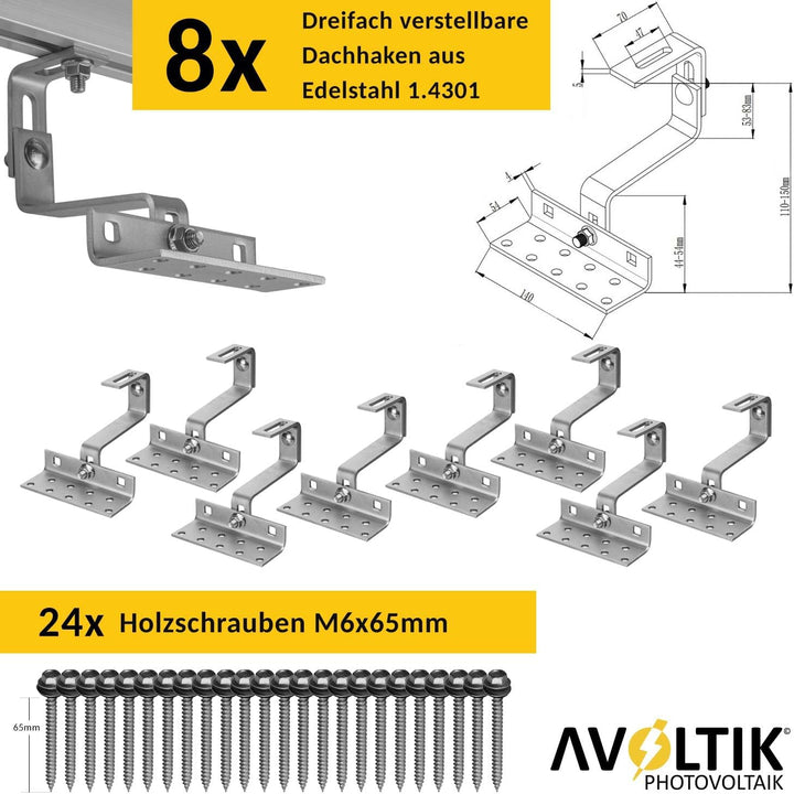 Avoltik Solar Halterung Ziegeldach mit Klemmen SCHWARZ I Montageset für 2 Paneele I 8 Dachhaken Edel