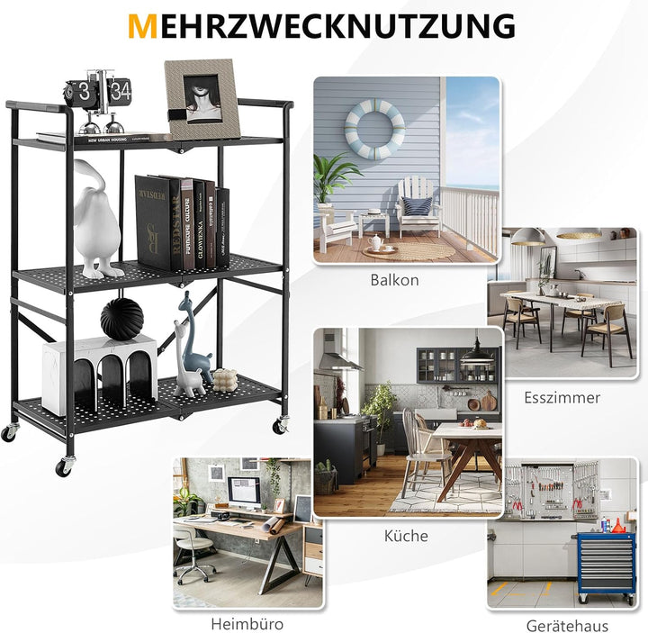 GOPLUS Servierwagen aus Metall, Küchenwagen klappbar mit Rädern, 3-stufiges Metallregal mit praktisc
