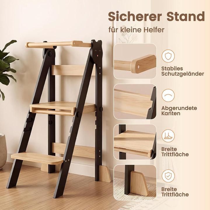 Lernturm Klappbar & 3-Fach Höhenverstellbar - Kippsicherer Learning Tower aus Kiefernholz - Mitwachs