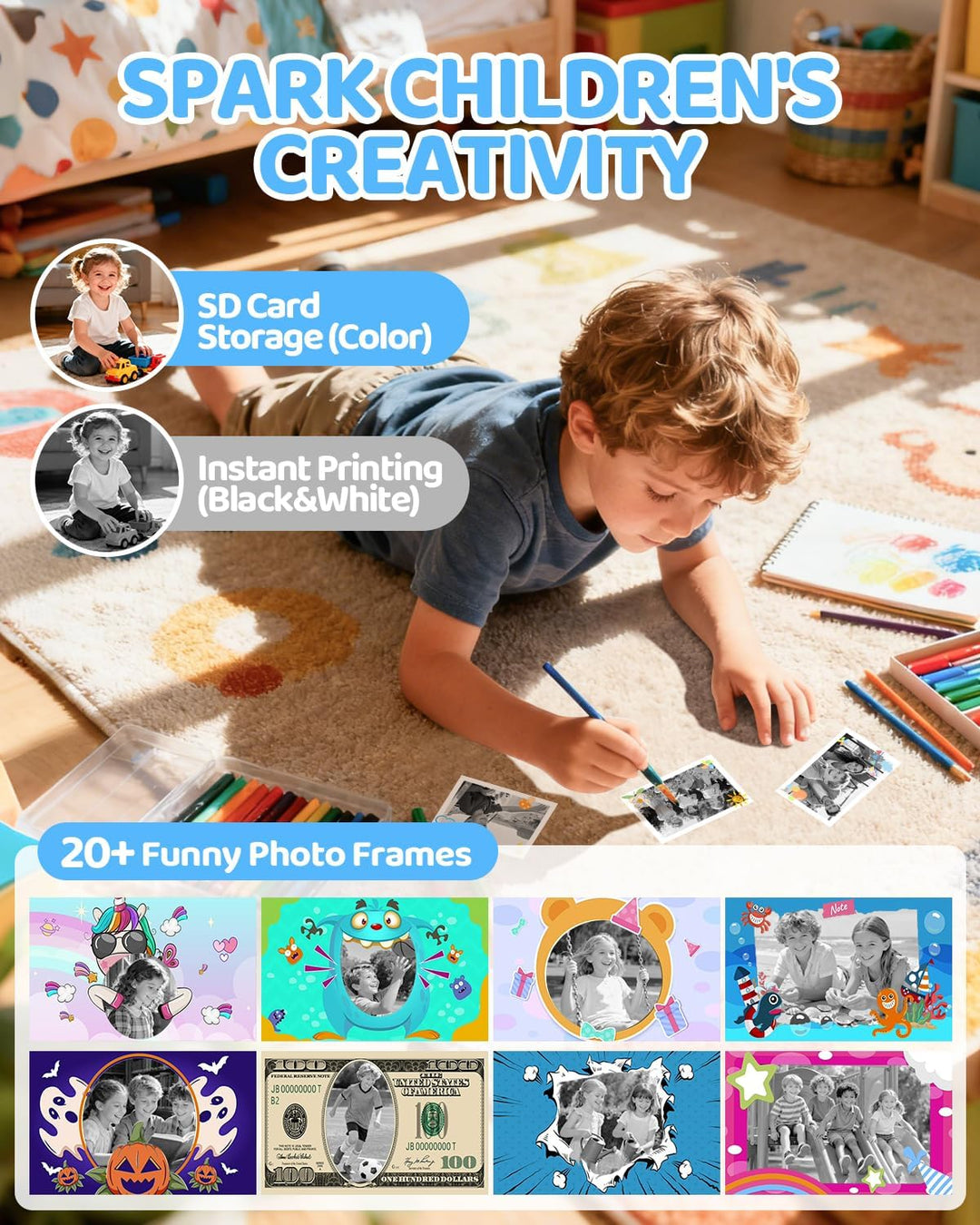 CalineGam Kinderkamera Sofortbildkamera, 1080P HD Sofortbildkamera Kinder mit 32 GB Karte und 3 Papi