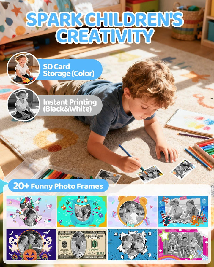 CalineGam Kinderkamera Sofortbildkamera, 1080P HD Sofortbildkamera Kinder mit 32 GB Karte und 3 Papi