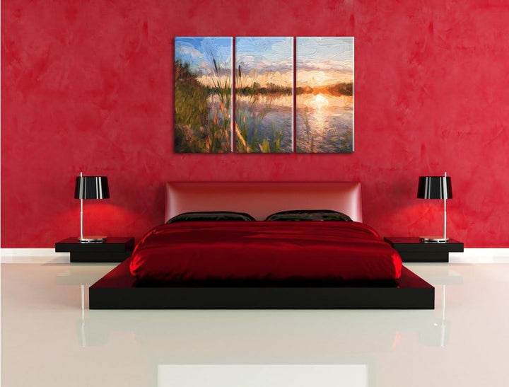 Pixxprint Sonniger Morgen am See Pinsel Effekt 3-Teiler Leinwandbild 120x80 Bild auf Leinwand