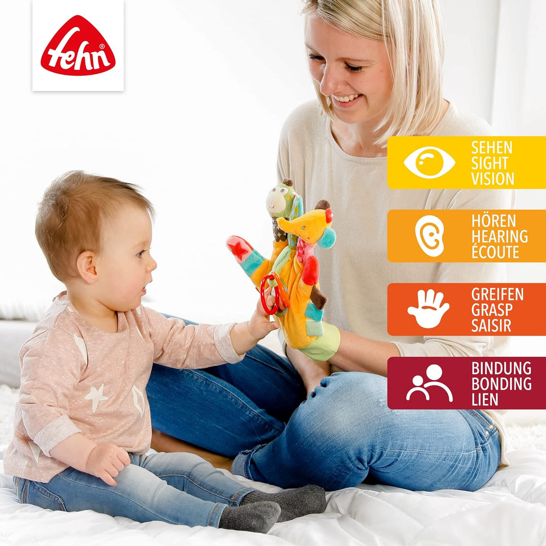 Fehn Spielhandschuh Safari – Fingerpuppen Baby Spielzeug Affe und Elefant zum Greifen und Geräusche