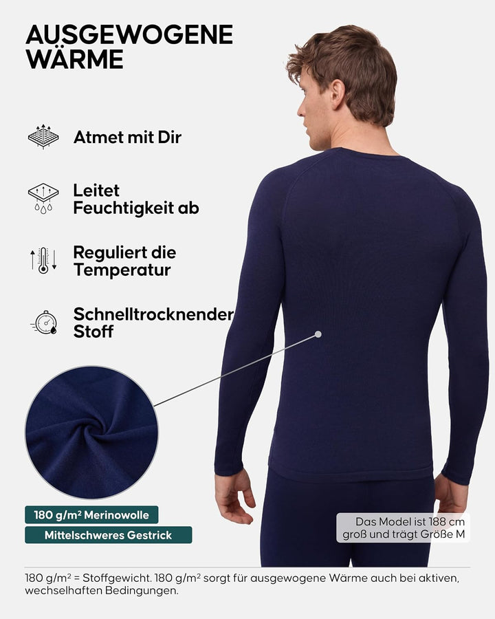 DANISH ENDURANCE Merino Langarm Shirt Herren, Premium Thermo-Unterwäsche, Temperaturregulierendes Fu