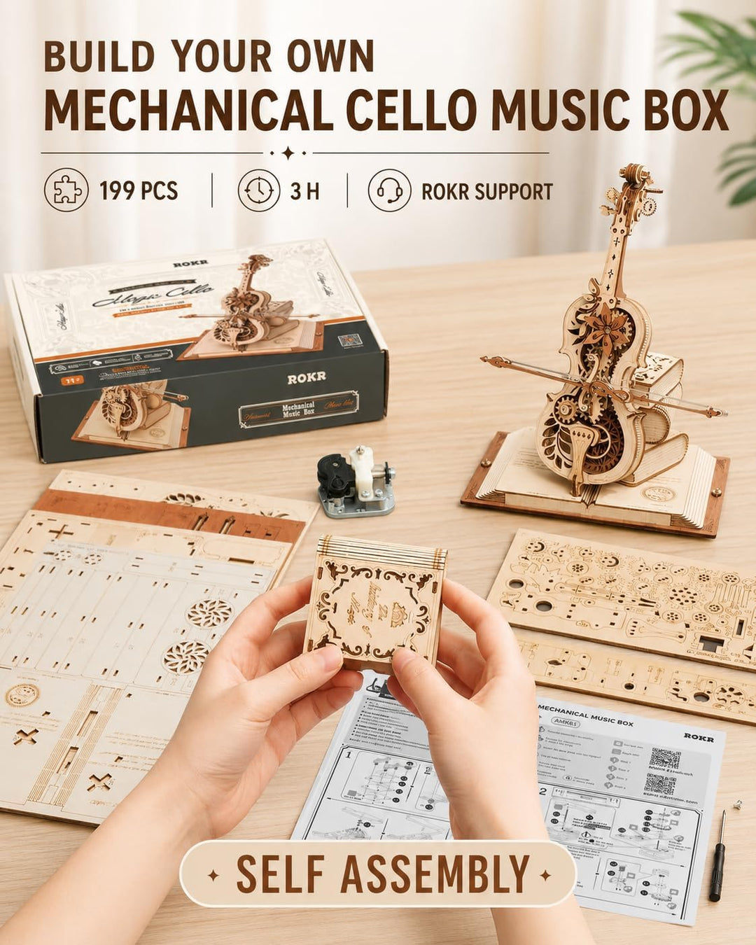 ROKR 3D Holz Puzzle Modellbausatz Spieluhr, DIY Holzpuzzle Magisches Cello Geschenke und Dekoration