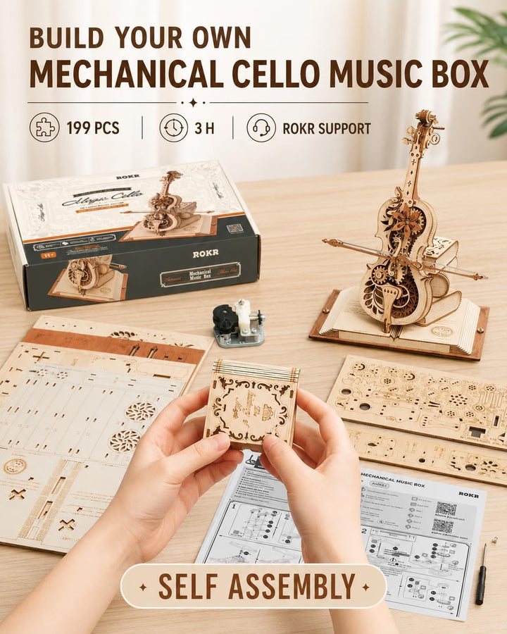 ROKR 3D Holz Puzzle Modellbausatz Spieluhr, DIY Holzpuzzle Magisches Cello Geschenke und Dekoration