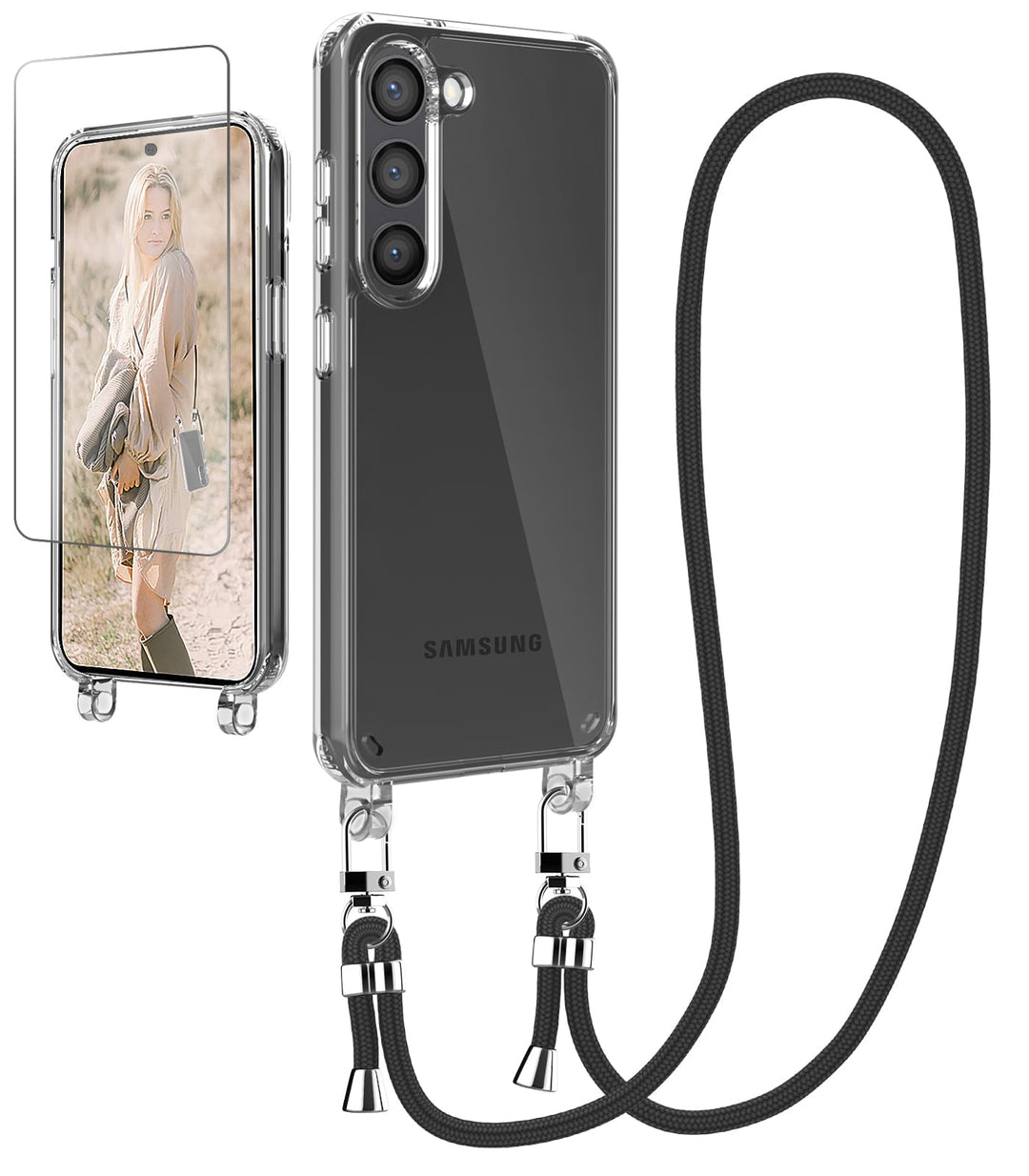 Handykette Hülle für Samsung Galaxy S23 Handyhülle mit Band und Schutzfolie, Transparent Case mit Sc