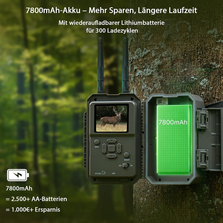 GardePro E8 2.0 Pro Wildkamera Doppelantenne WLAN mit 64GB SD Karte, 64MP H.264 4K Video Wiederaufla