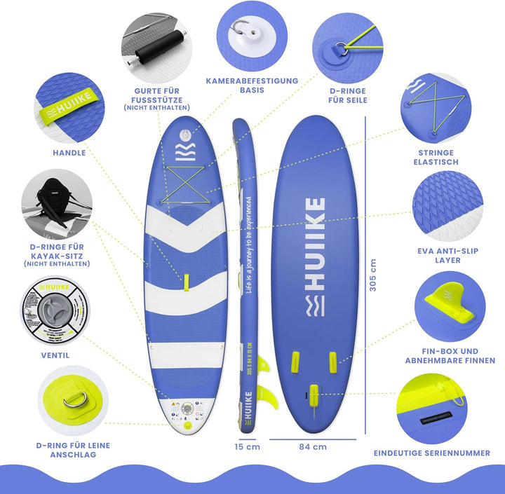 HUIIKE Stand Up Paddling Board mit Zubehör, Paddel, Finnen, Pumpe. Paddle Sup Board Aufblasbar Hohe