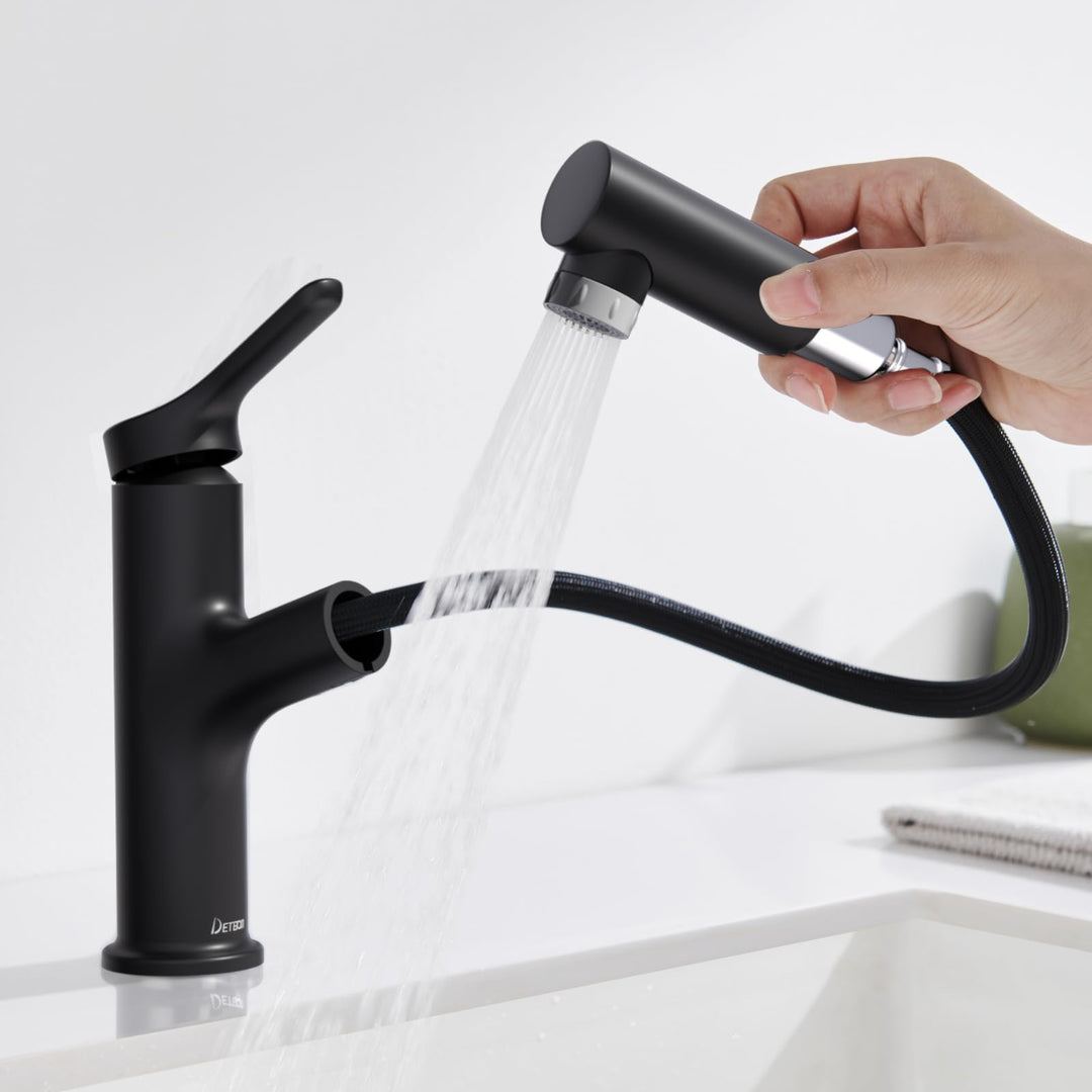 DETBOM Wasserhahn Bad mit Ausziehbar Brause, Armatur Badezimmer mit 2 Strahlarten, Einhebelmischer W