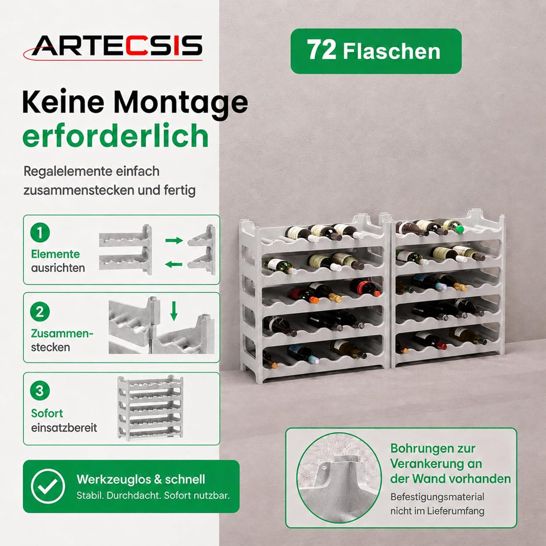 ARTECSIS Weinregal stapelbar Kunststoff für 72 Flaschen, stabiles Flaschenregal in Gastronomie-Quali