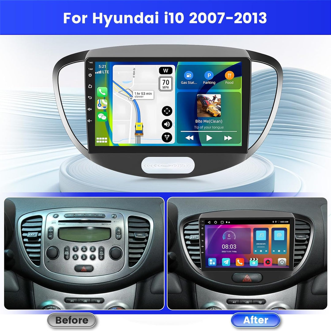 2+64G Android 15 Autoradio für Hyundai i10 2007-2013 Radio mit Wireless CarPlay Android Auto, 9 Zoll