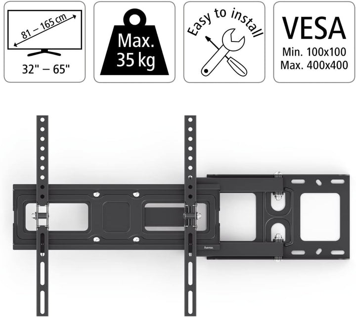 Hama TV Wandhalterung 65 Zoll bis 32 Zoll (max. VESA 400x400, ausziehbar bis 35kg inkl. Fischer-Dübe