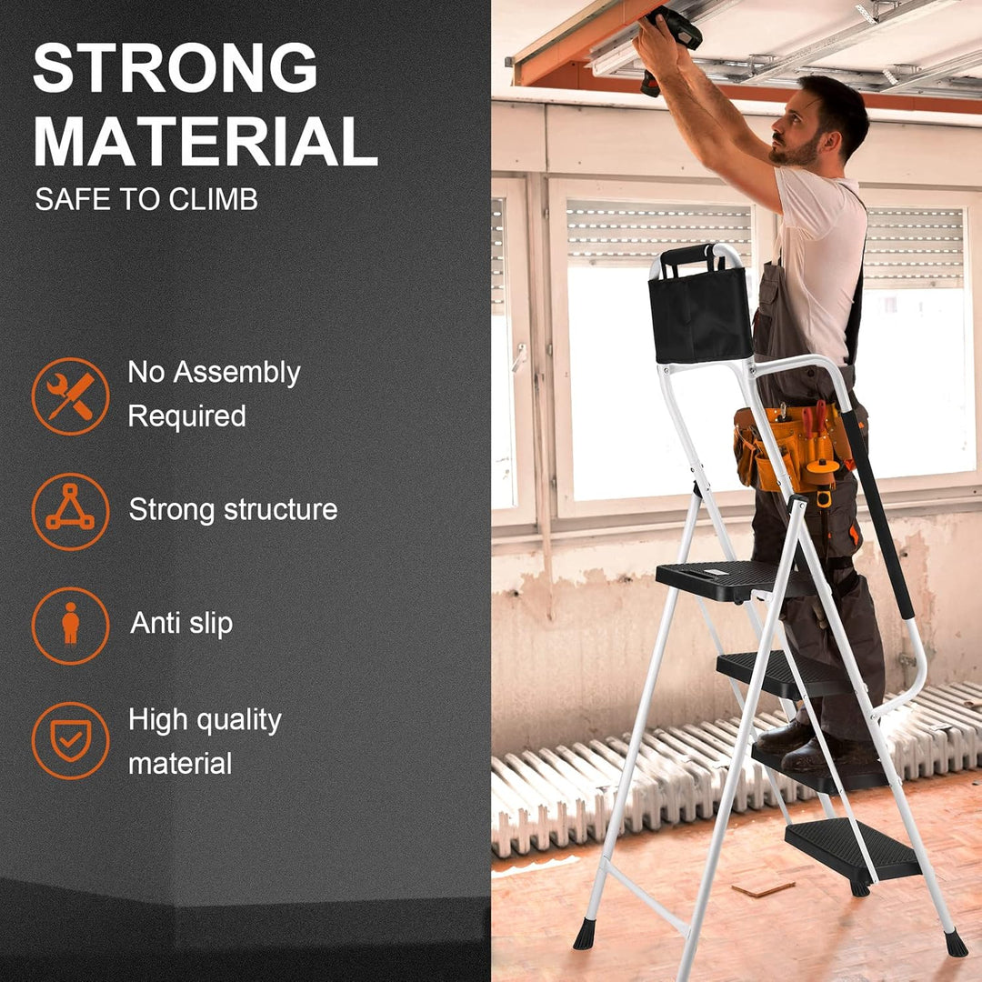 HBTower Leiter 4 Stufen, Trittleiter mit Handläufen, klappbarer Tritthocker mit ansteckbarer Werkzeu