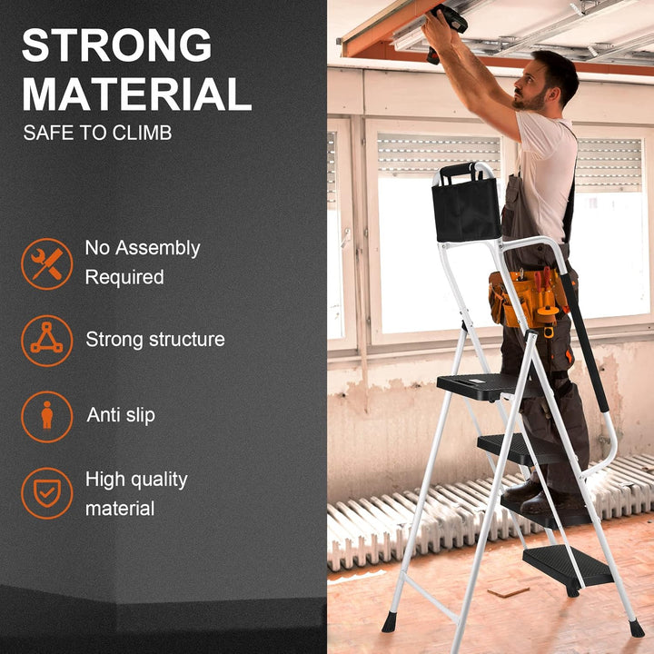 HBTower Leiter 4 Stufen, Trittleiter mit Handläufen, klappbarer Tritthocker mit ansteckbarer Werkzeu