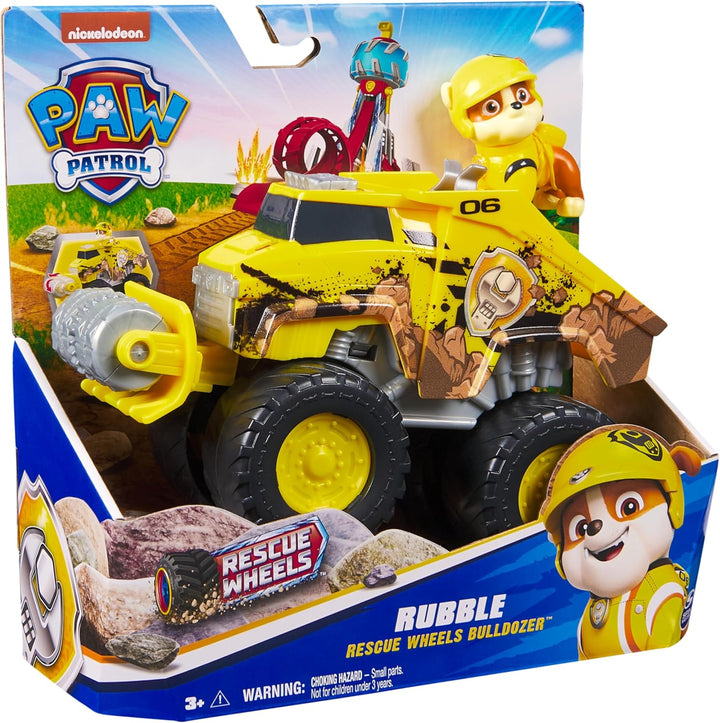 PAW PATROL Rescue Wheels - Rubbles Bulldozer Monstertruck mit Rubble Hundefigur, Spielzeug für Kinde