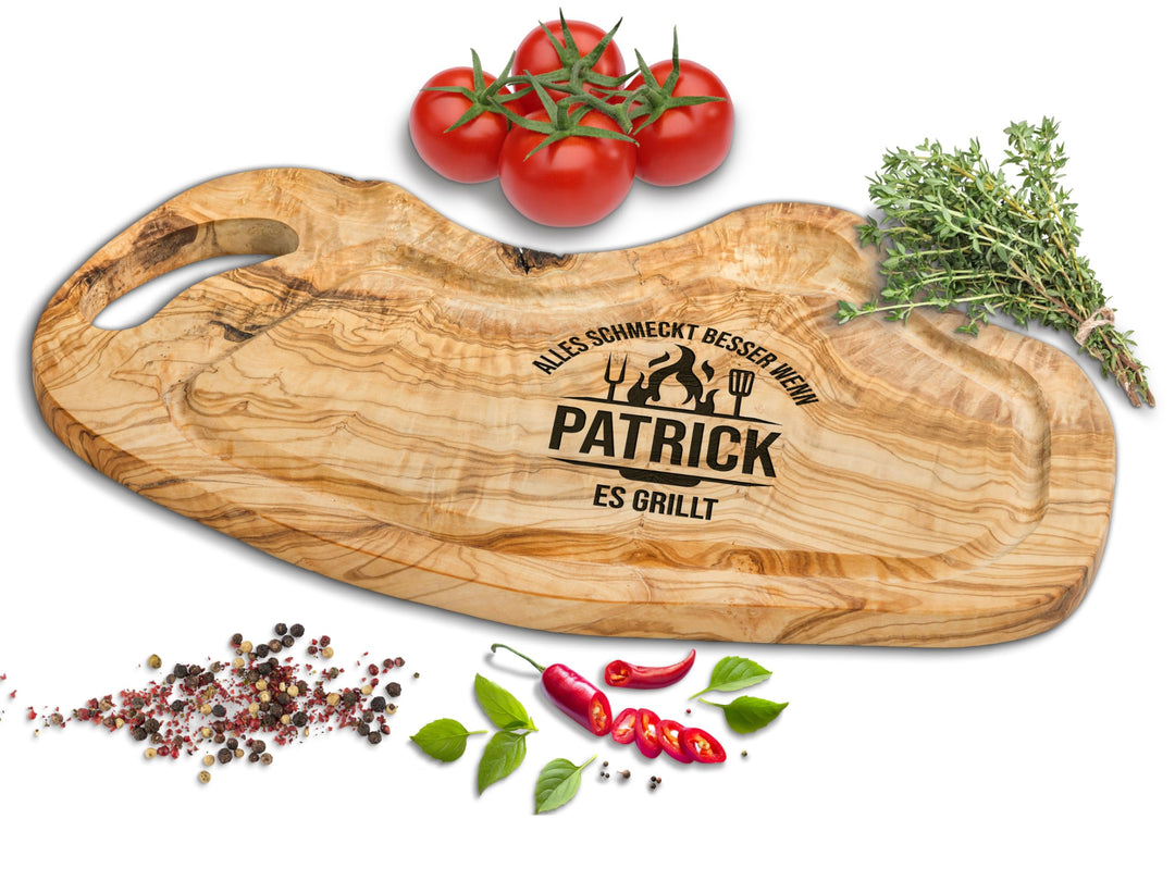 Schneidebrett Personalisiert | Olivenholz | Steakbrett | Grillbrett | Grill Geschenke für Männer | G