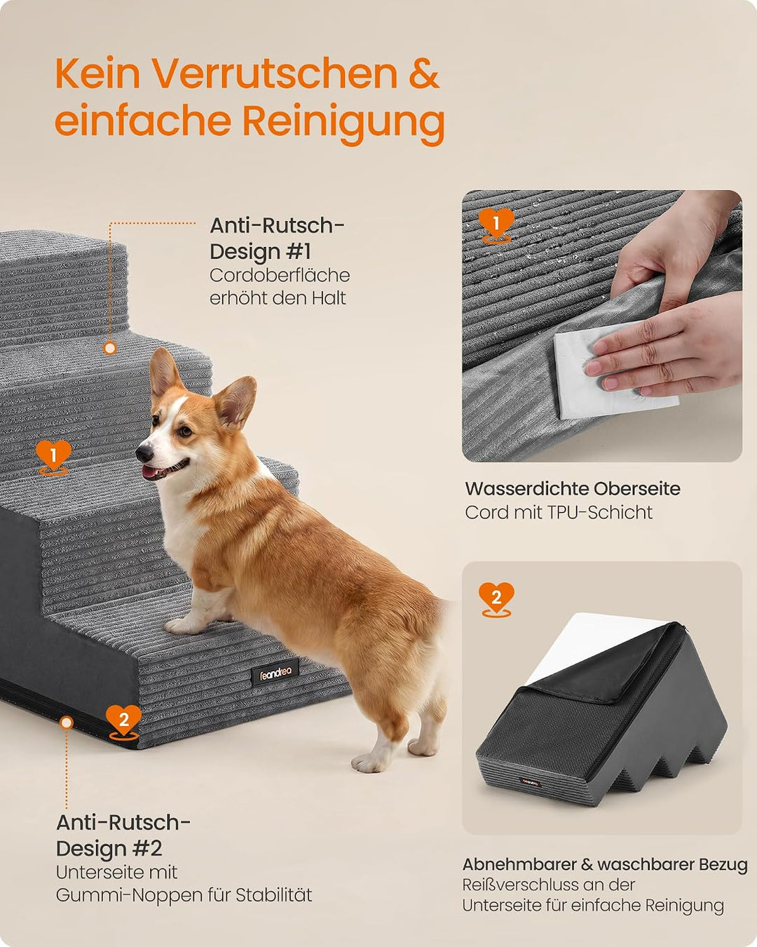 Feandrea Hundetreppe, 4 Stufen Katzentreppe aus Schaumstoff, Hunderampe für Kleine Hunde, 62 x 40 x