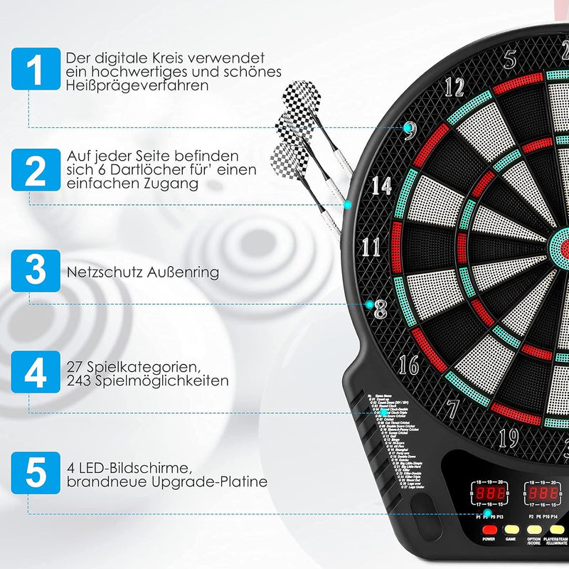 Eloklem Elektronische Dartscheibe Dardboard mit 4 LCD-Anzeige und Ladeadapter Geeignet, 6 Darts und