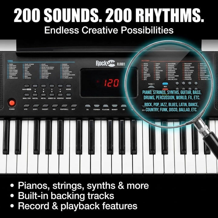 RockJam Compact 61 Key Keyboard with Sheet Music Stand, Power Supply, Piano Note Stickers & Simply P