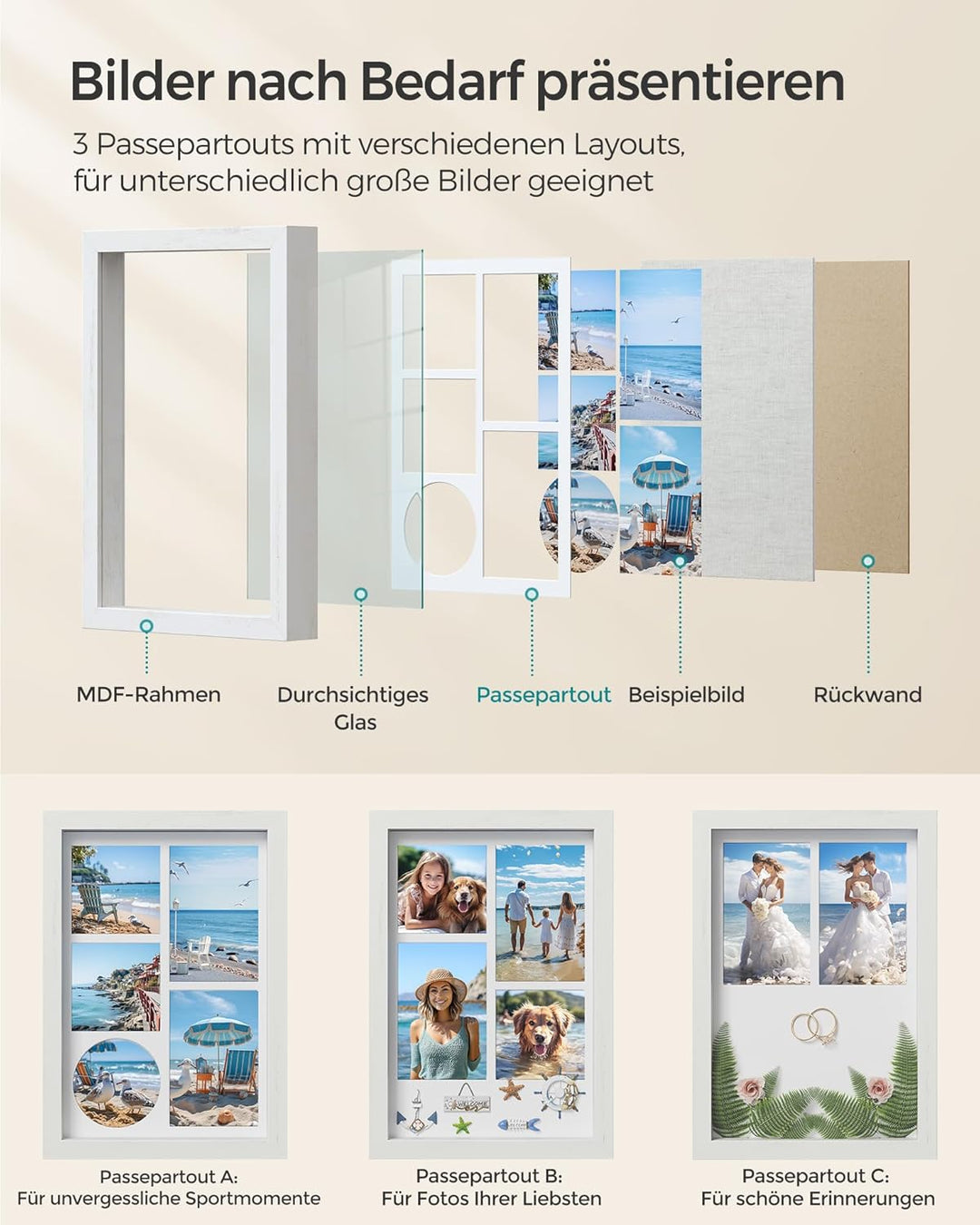 SONGMICS Bilderrahmen, 6 Passepartouts, 2er Set Fotorahmen zum Befüllen, 8 Stecknadeln, Collage für