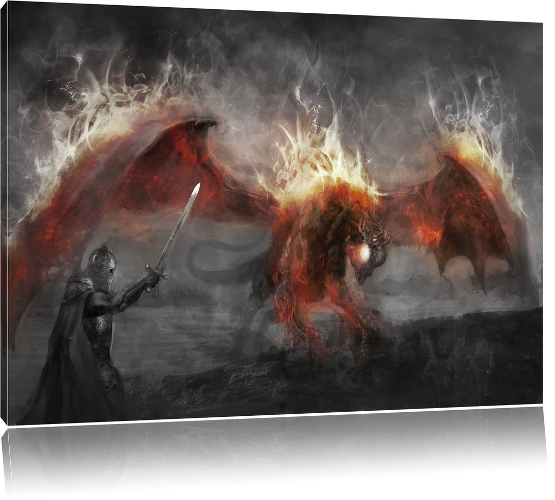 Pixxprint Ritter Drachen als Leinwandbild/Grösse: 100x70 cm/Wandbild/Kunstdruck/fertig bespannt, 100