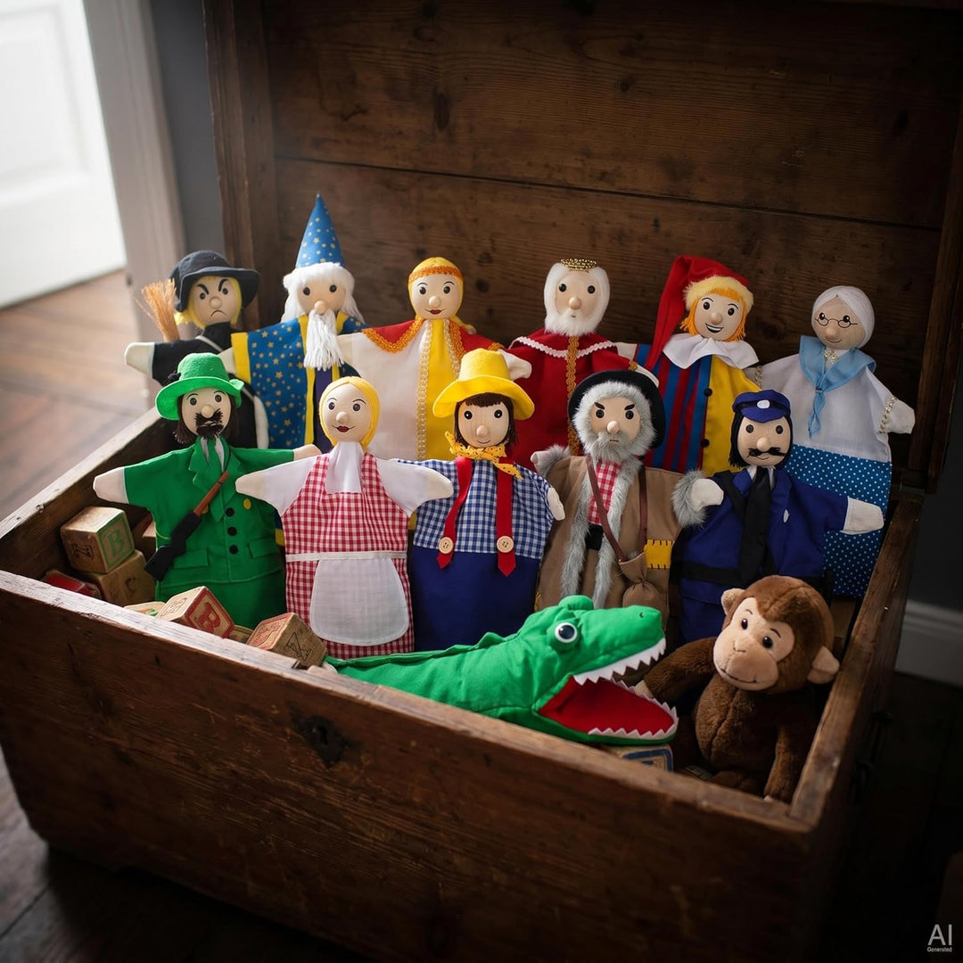 goki SO450 - Handpuppenset - liebevoll gestaltet aus Holz und Stoff - 12 Puppen