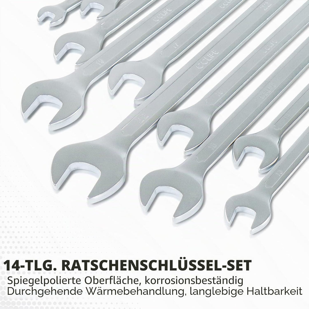 CCLIFE 14tlg Ratschenschlüssel Set 8-22mm Ratschen Ring Maulschlüssel Set | Cr-V | 72 Zähnen 14tlg 8
