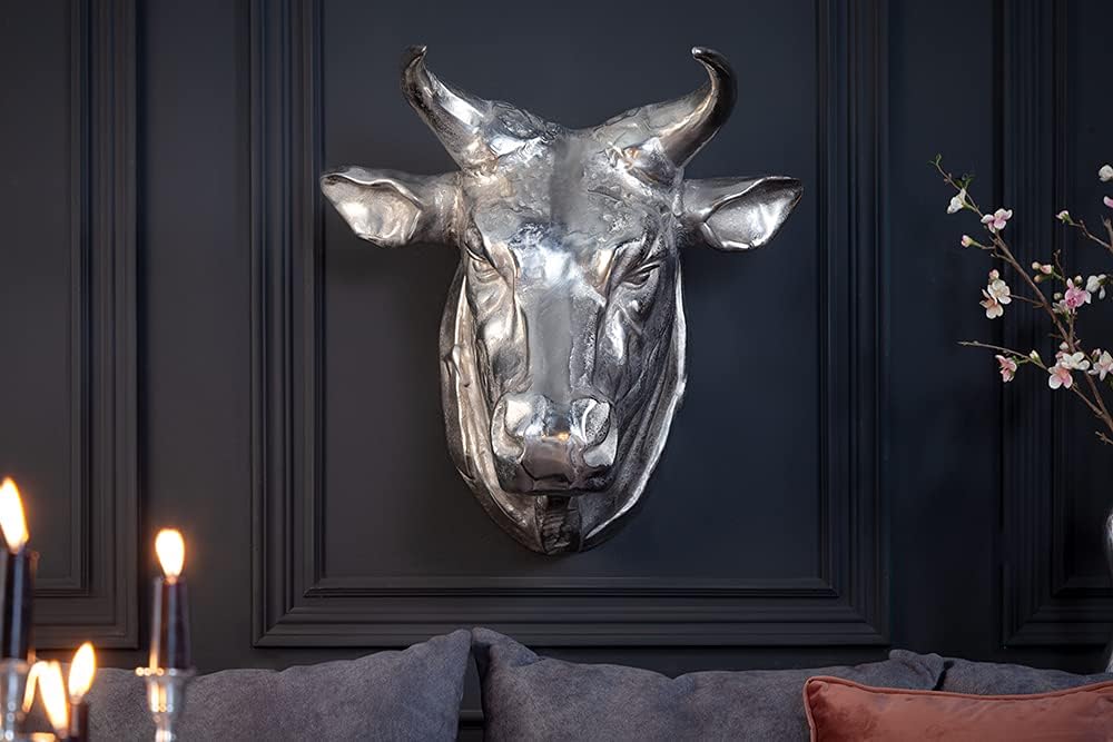Invicta Interior Extravagante Stierkopf Wanddekoration TORERO 65cm Silber Deko Schädel aus Aluminium