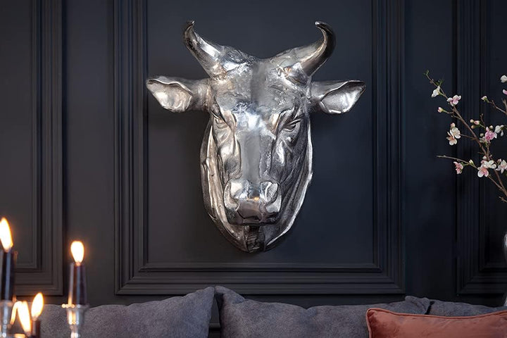 Invicta Interior Extravagante Stierkopf Wanddekoration TORERO 65cm Silber Deko Schädel aus Aluminium