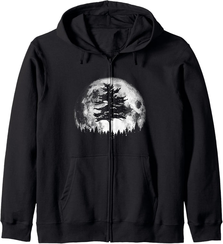 Retro Full Moon & Minimalist Pine Tree Vintage Graphic Kapuzenjacke