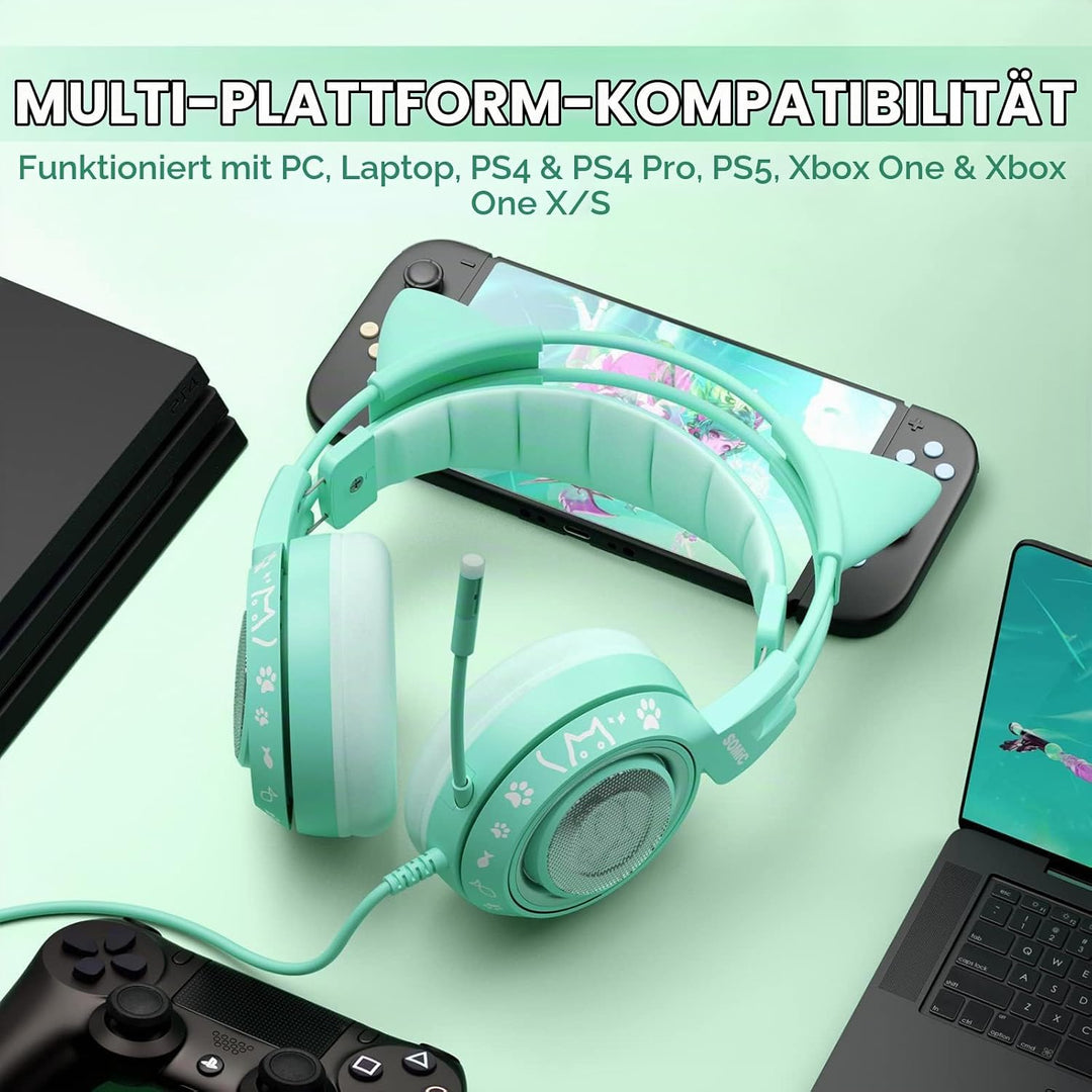 Somic G951S Green Gaming Headset mit Mikrofon für PS4, PS5, Xbox One, PC, Cat Ear Kopfhörer über Ohr