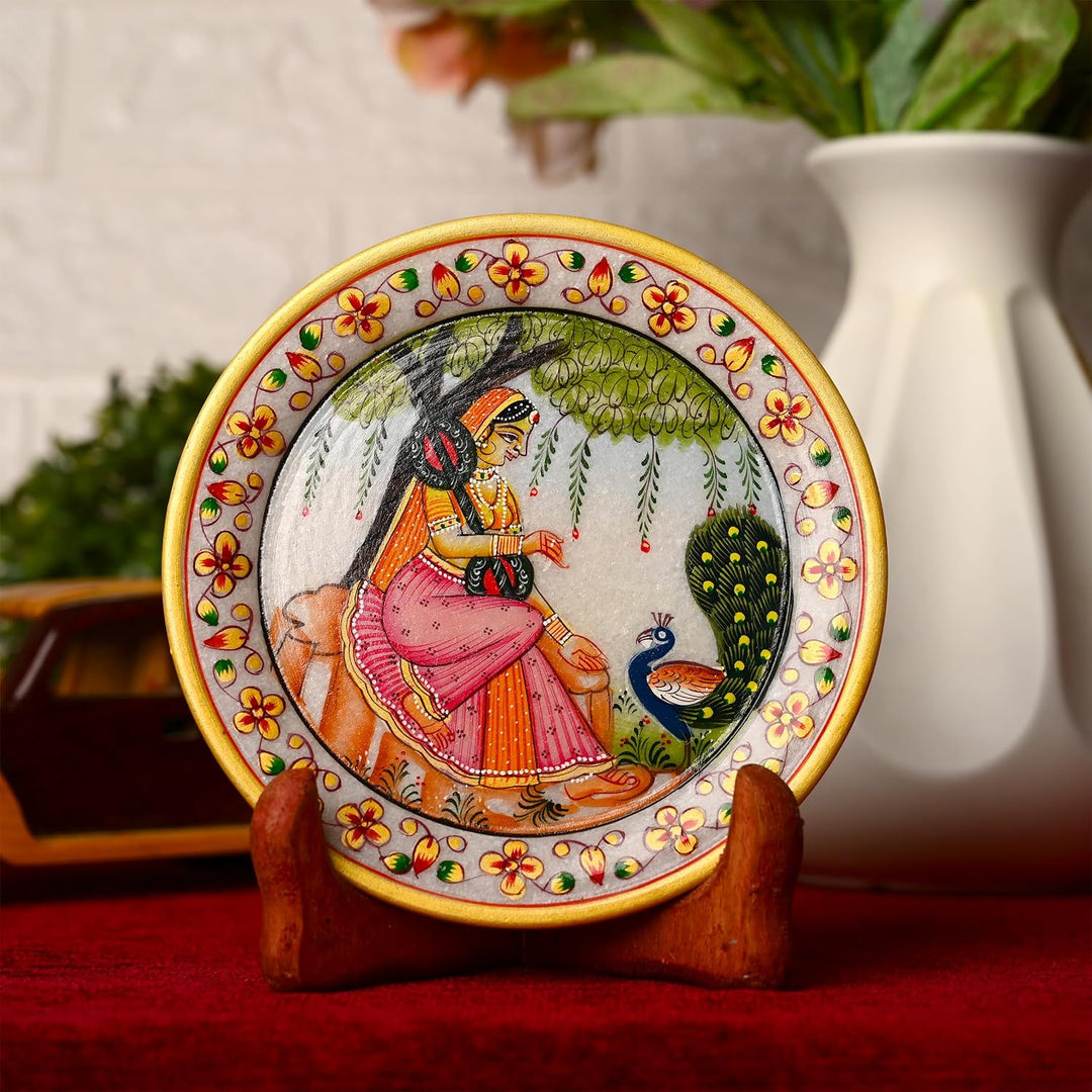 Marble Decorative Plate Traditional Indian Handpainted with Stand for Decoration Home Office Wedding