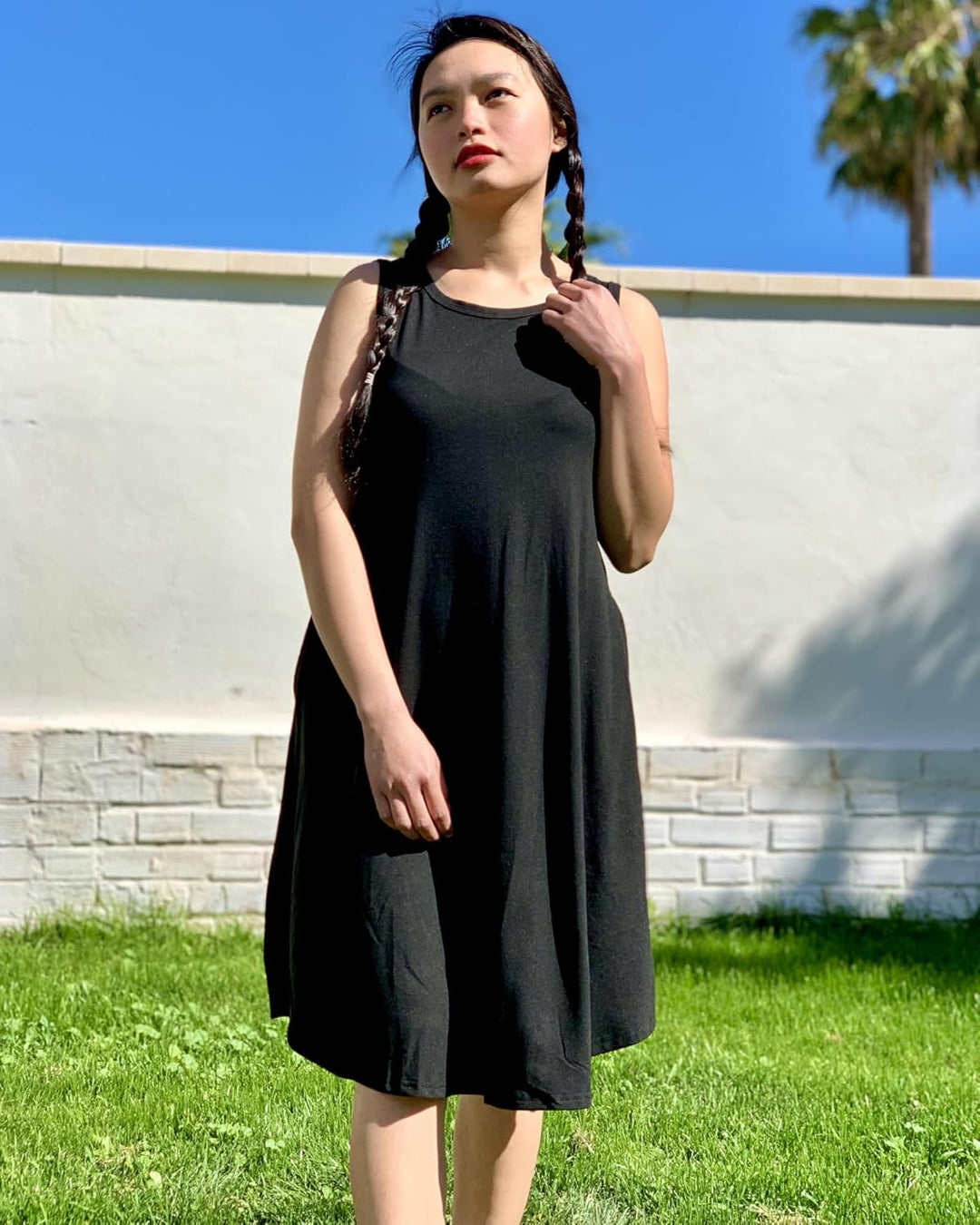 WNEEDU lässiges Sommerkleid Damen Ärmellose Tank Strandkleider T-Shirt Kleid mit Taschen Druck Grün
