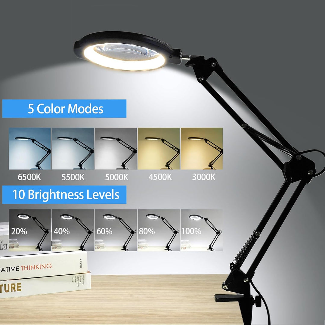 12X Tischlupe mit Licht und Ständer, Tischlampe mit Lupe & Lupenleuchte mit Klemme 2-in-1, 5 Farbmod