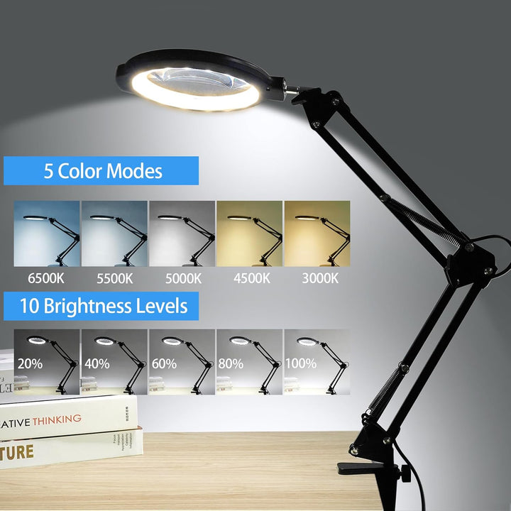12X Tischlupe mit Licht und Ständer, Tischlampe mit Lupe & Lupenleuchte mit Klemme 2-in-1, 5 Farbmod