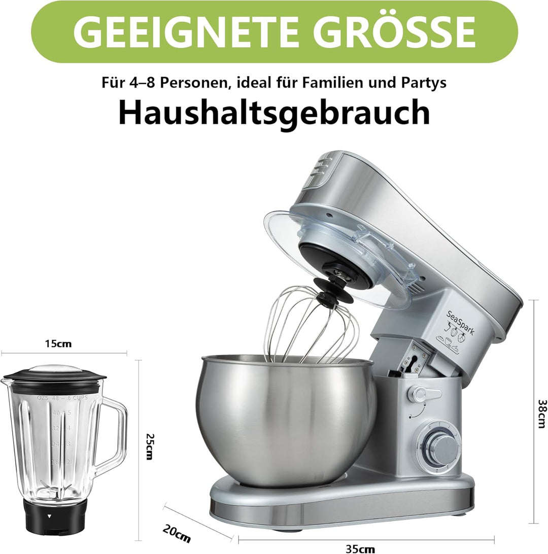 Küchenmaschine, 6 L Knetmaschine 1200W, 6 Geschwindigkeits Küchenmaschine, Teigmaschine mit Rührhake