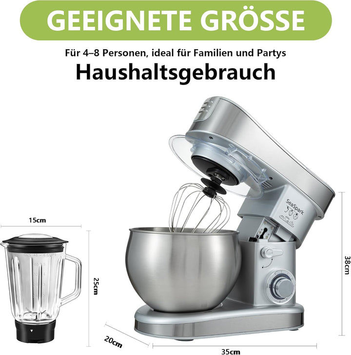 Küchenmaschine, 6 L Knetmaschine 1200W, 6 Geschwindigkeits Küchenmaschine, Teigmaschine mit Rührhake