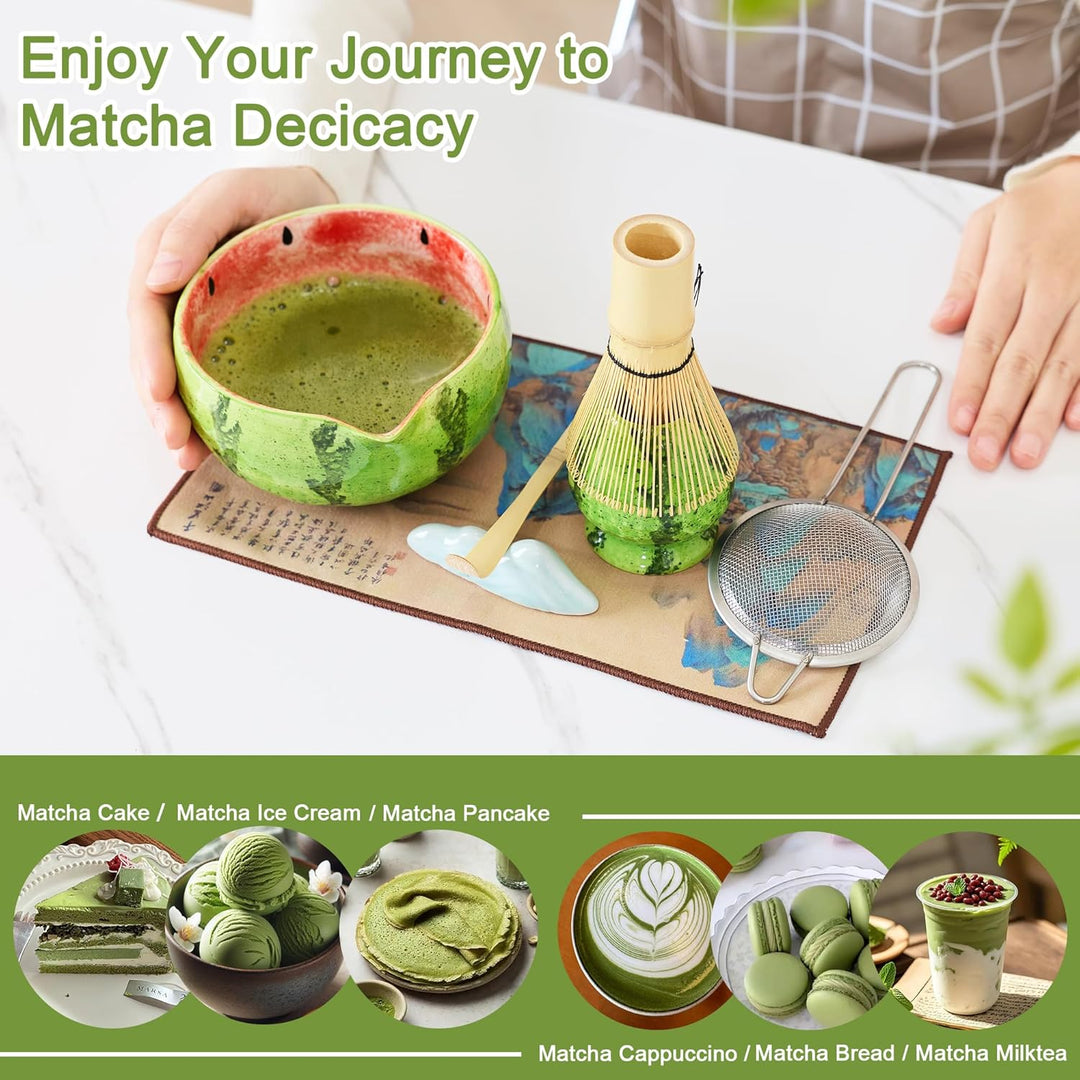 Matcha Tea Set 8- piece Matcha Broom Set with Whisk, Broom Holder, Ceramic Bowl, 2 Teaspoons, spoon