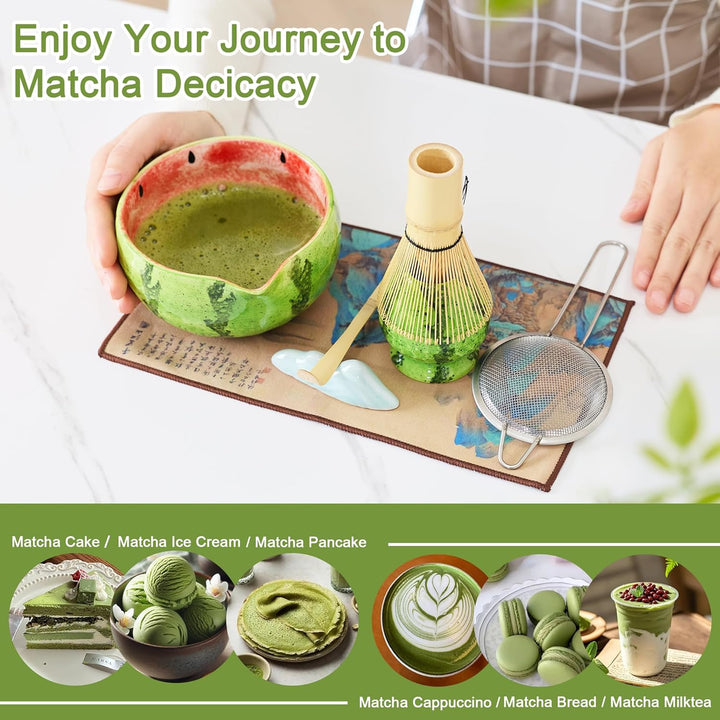 Matcha Tea Set 8- piece Matcha Broom Set with Whisk, Broom Holder, Ceramic Bowl, 2 Teaspoons, spoon