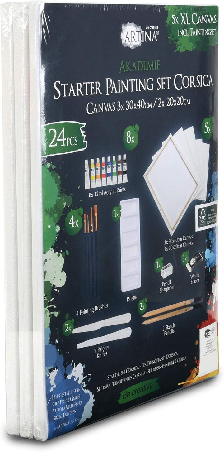 Artina 24tlg Acrylfarben Set Corsica – Malset Acryl mit Keilrahmen 30x40cm & 20x20cm, 8X 12ml Acrylf