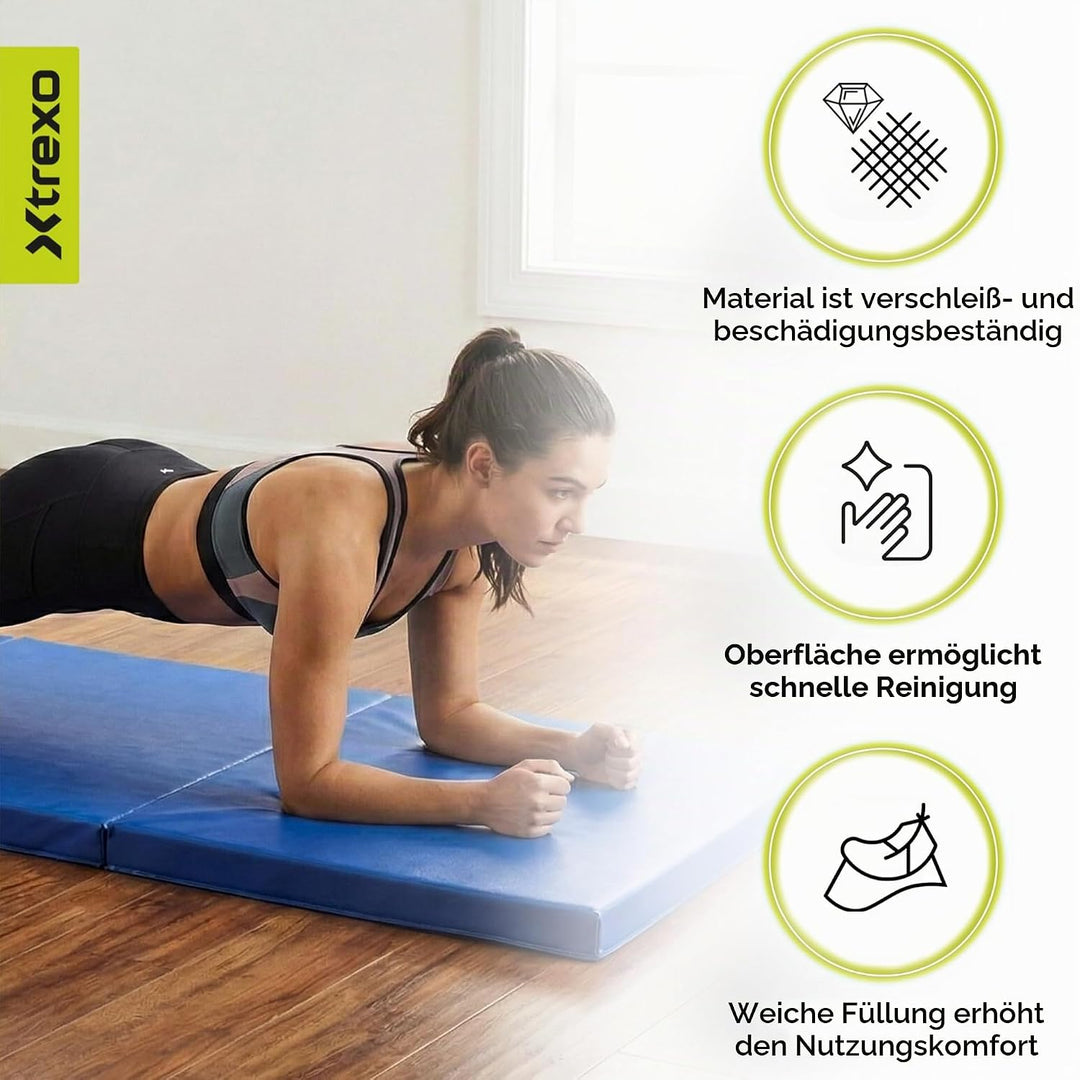 TREXO Faltbare Gymnastikmatratze - 3-teilig, abriebfester Öko-Lederbezug, flexibler PE-Schaum, Trage