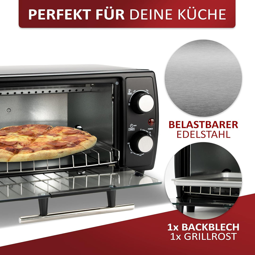 Mini Backofen | 1000 Watt | 10 Liter | inkl. Backblech und Grillrost | Pizzaofen | 90°-230°C | 60 mi