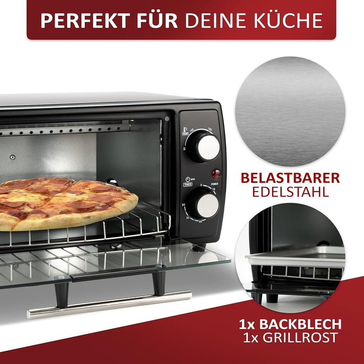 Mini Backofen | 1000 Watt | 10 Liter | inkl. Backblech und Grillrost | Pizzaofen | 90°-230°C | 60 mi