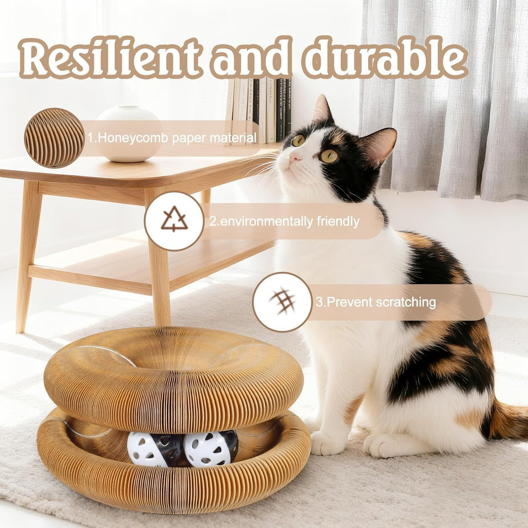 2 Pack Faltbares Katzenkratzbrett Spielzeug – Interaktives Akkordeon-Karton mit Glockenball, wendbar