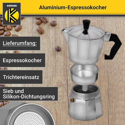 KRÜGER Aluminium-Espressokocher mit Silikon-Dichtring für 1 Tasse - schnelle und einfache Espresso-Z