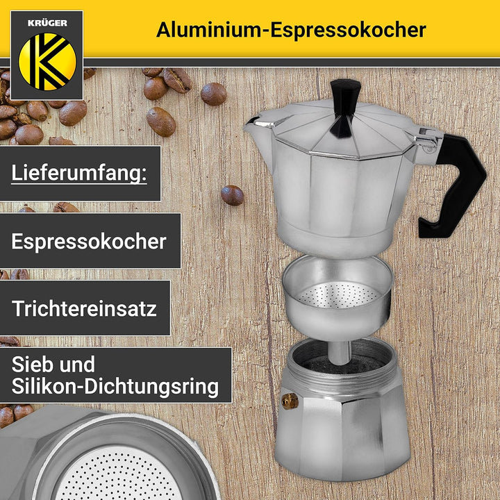 KRÜGER Aluminium-Espressokocher mit Silikon-Dichtring für 6 Tassen - schnelle und einfache Espresso-