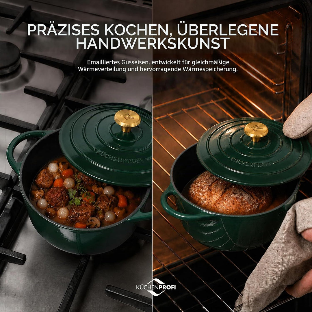 Küchenprofi Gusseisen Bräter mit Deckel, grün/innen schwarz , 24 cm, Schmortopf, Auflaufform, Dutch
