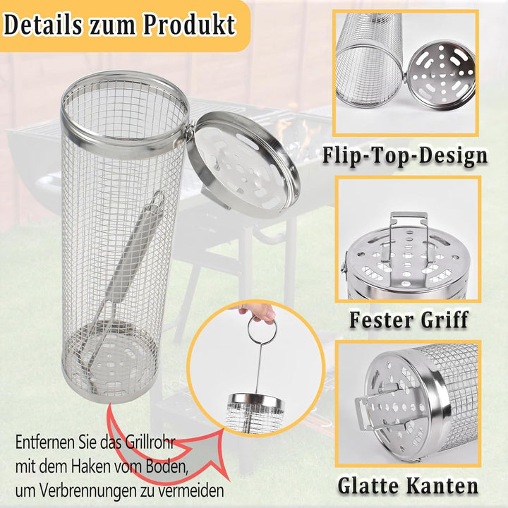 2 Stück Grillkorb Edelstahl mit Abnehmbarem Griff, Grill Zubehör BBQ GrillgemüSe Grillkorb Zylindris
